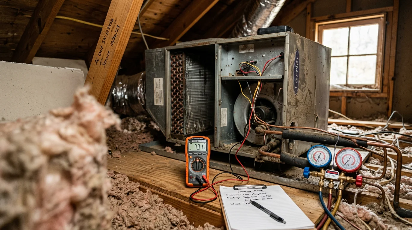 An HVAC technician inspecting the internal components of a residential air conditioning unit outside a home in Suwanee, Georgia. The technician reviews the system during a repair visit on a warm Georgia afternoon.