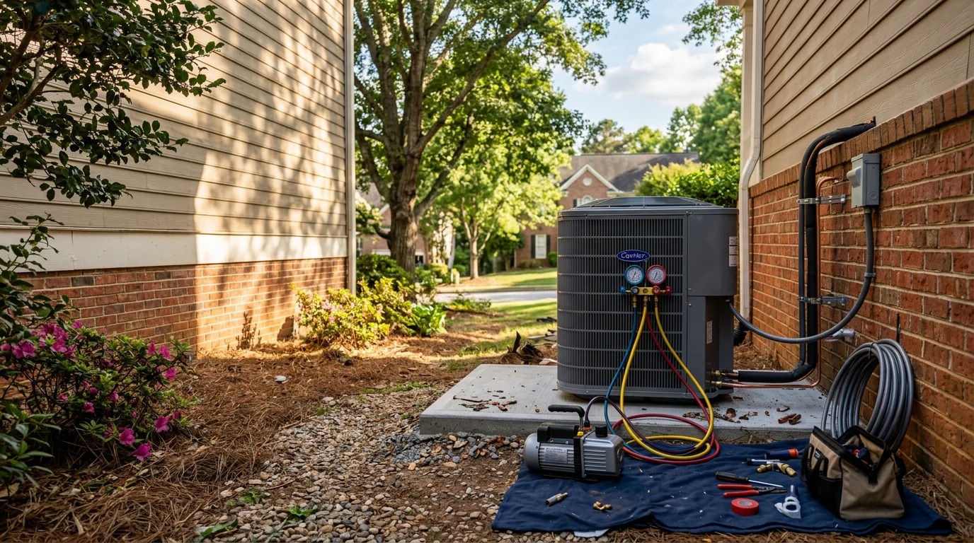 A new HVAC outdoor condenser unit installed beside a residential home in Suwanee, Georgia, with a technician from Fair Air Heating and Air Conditioning completing the setup on a clear day.