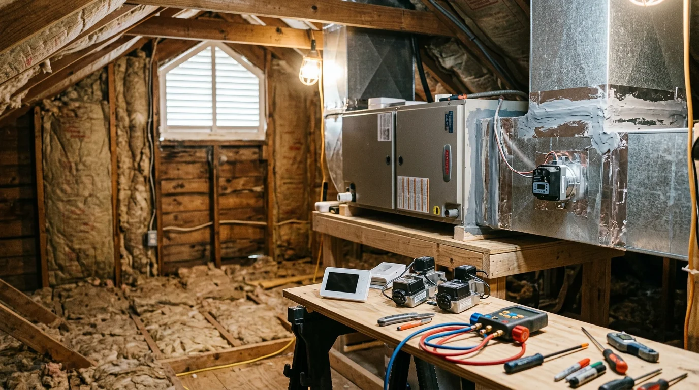 An HVAC technician inspecting and sealing ductwork in the attic of a Suwanee, Georgia home during an HVAC retrofit assessment. Updated duct connections and a new zoning control panel are visible near the air handler.