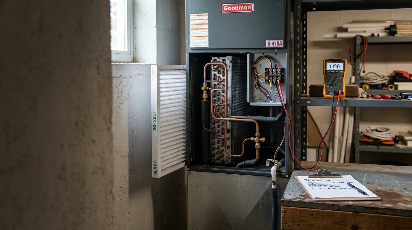 A Fair Air Heating and Air Conditioning technician inspecting an outdoor condenser unit at a residential home in Suwanee, Georgia. The technician examines refrigerant lines and coil condition during a professional HVAC system inspection.