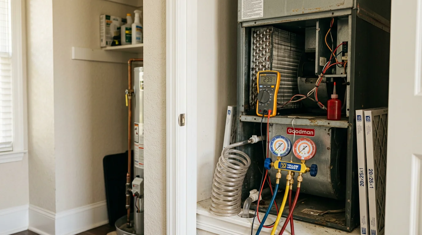 An HVAC technician inspecting and cleaning the indoor air handler unit inside a Suwanee, Georgia home during a routine maintenance visit. The technician checks coil and drain line components as part of a seasonal system inspection.