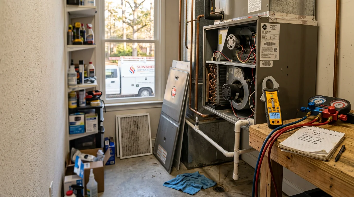 An HVAC technician inspecting an outdoor air conditioning unit at a two-story residential home in Suwanee, Georgia. The technician is reviewing system components during a diagnostic troubleshooting visit on a warm day.