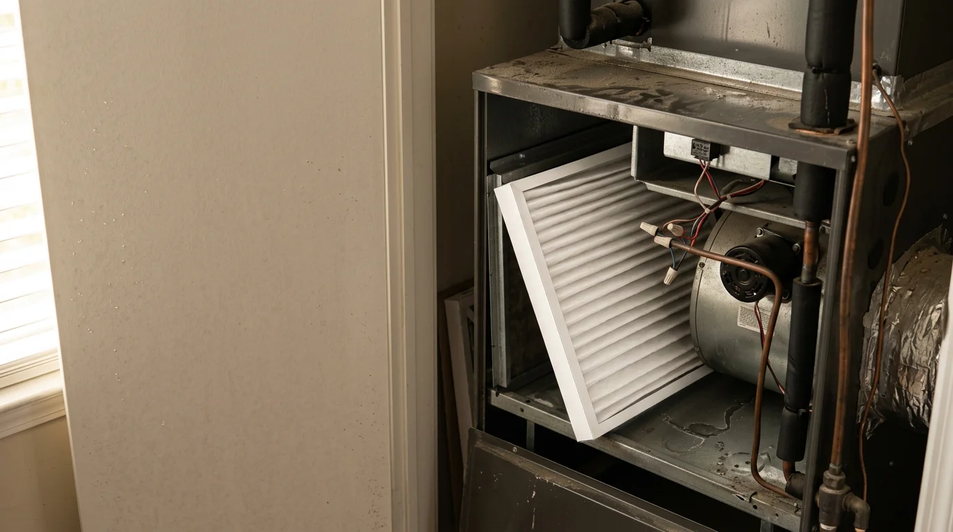 An HVAC technician from Fair Air Heating and Air Conditioning inspecting an air handler and filtration system inside a Suwanee, Georgia home. The image shows the technician reviewing airflow and filter condition as part of an indoor air quality assessment.