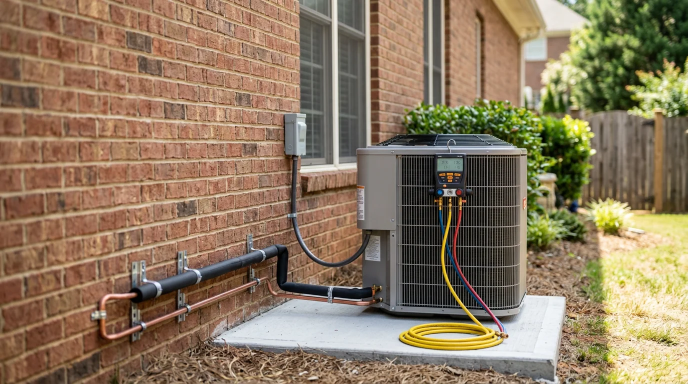 An HVAC technician installing a residential central air conditioning condenser unit outside a home in Suwanee, Georgia. The unit is positioned on a concrete pad beside the house on a clear summer day.
