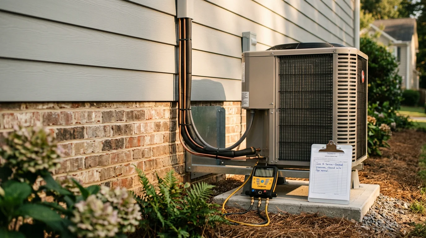 A residential HVAC technician inspecting an outdoor air conditioning unit at a home in Suwanee, Georgia. The system sits beside a suburban house on a warm day, with the technician reviewing the equipment before beginning service.