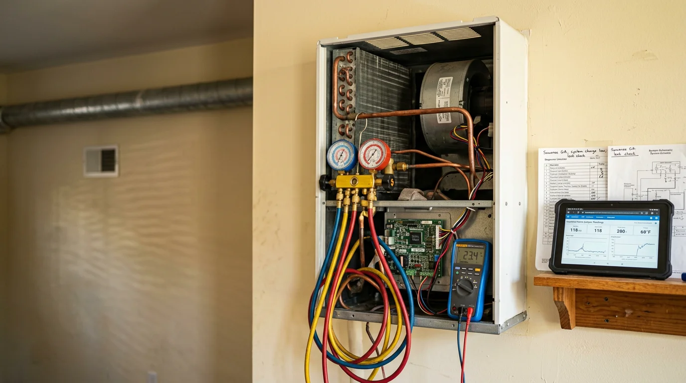 An HVAC technician inspecting a residential air conditioning unit outside a home in Suwanee, Georgia. The technician reviews the system components during a repair visit on a warm summer day.