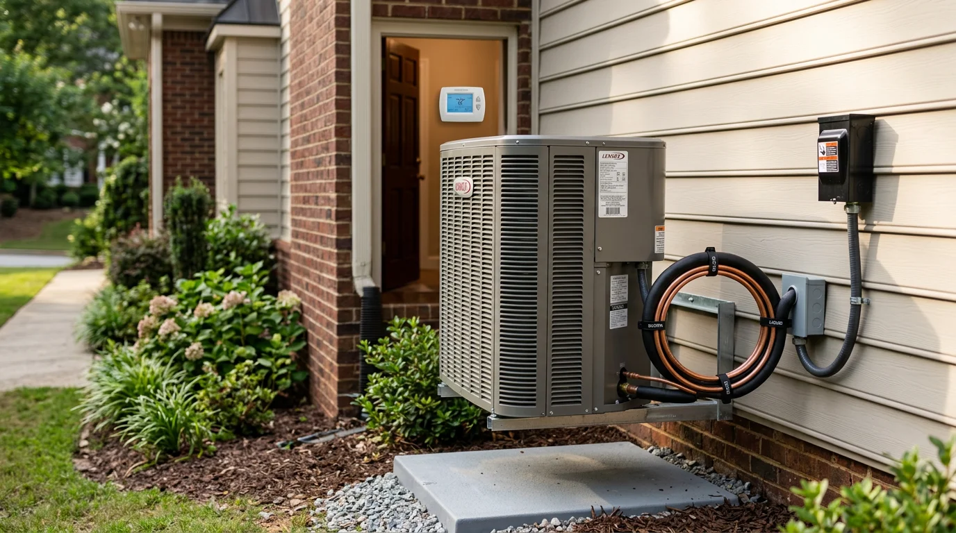 A residential HVAC technician from Fair Air Heating and Air Conditioning inspecting an outdoor air conditioning unit at a single-family home in Suwanee, Georgia. The home sits in a suburban neighborhood typical of Gwinnett County, with mature trees visible in the background.