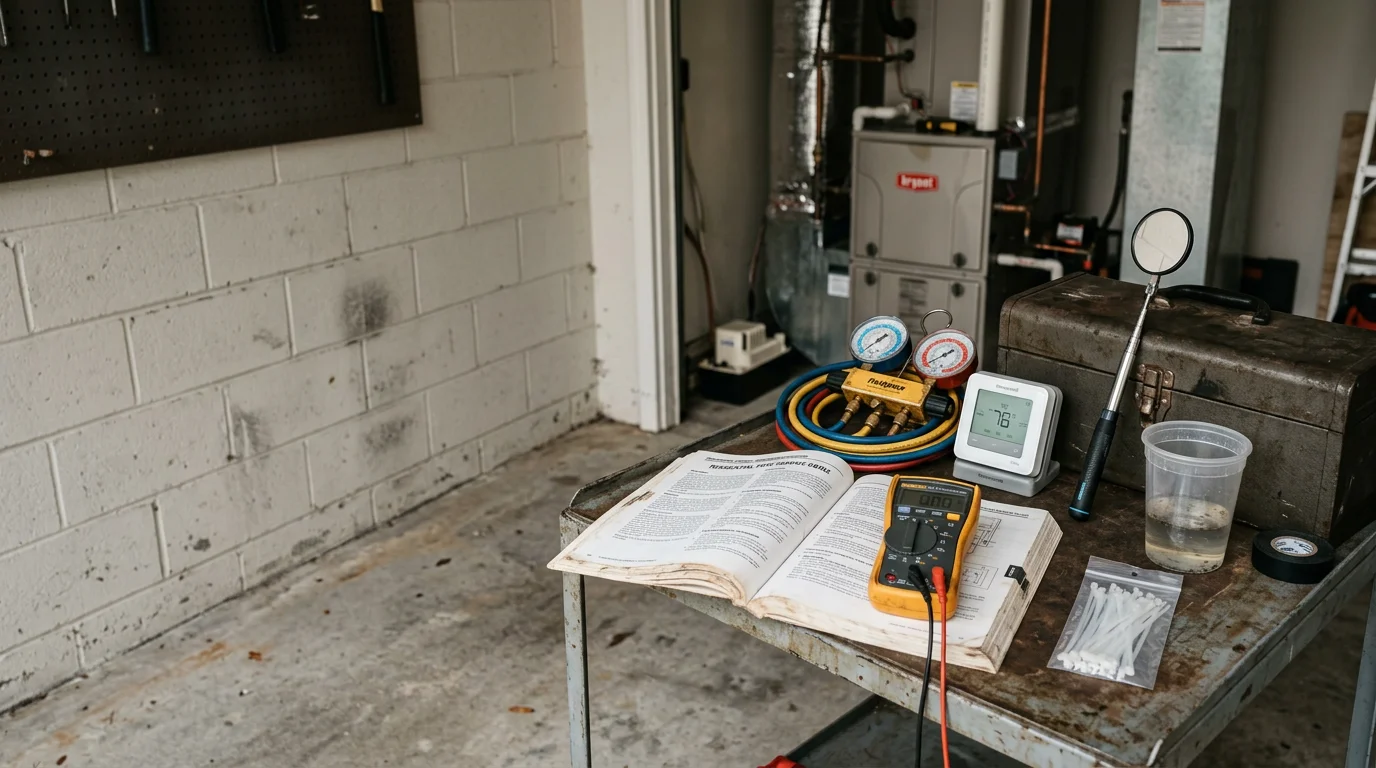 An HVAC technician inspecting and servicing a residential air conditioning unit outside a home in Suwanee, Georgia. The technician checks internal components during a seasonal tune-up visit on a clear day.