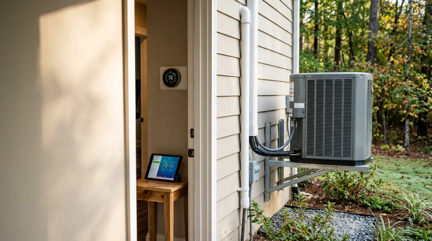 A smart thermostat mounted on an interior wall of a Suwanee home, displaying temperature and humidity readings with an HVAC system visible in the background. A Fair Air Heating and Air Conditioning technician adjusts the device settings during a professional installation visit.