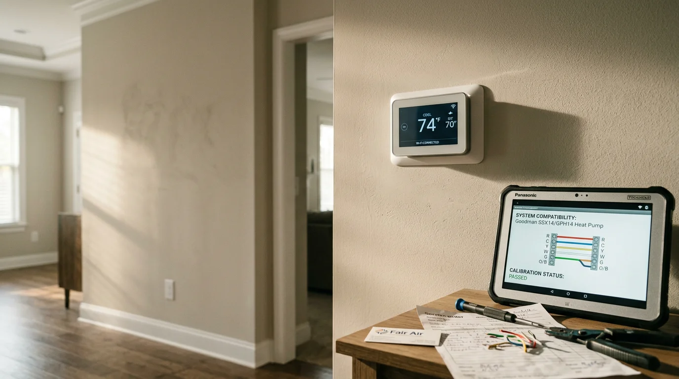 A newly installed thermostat mounted on an interior wall in a Suwanee, Georgia home, with a technician from Fair Air Heating and Air Conditioning completing the wiring and calibration.