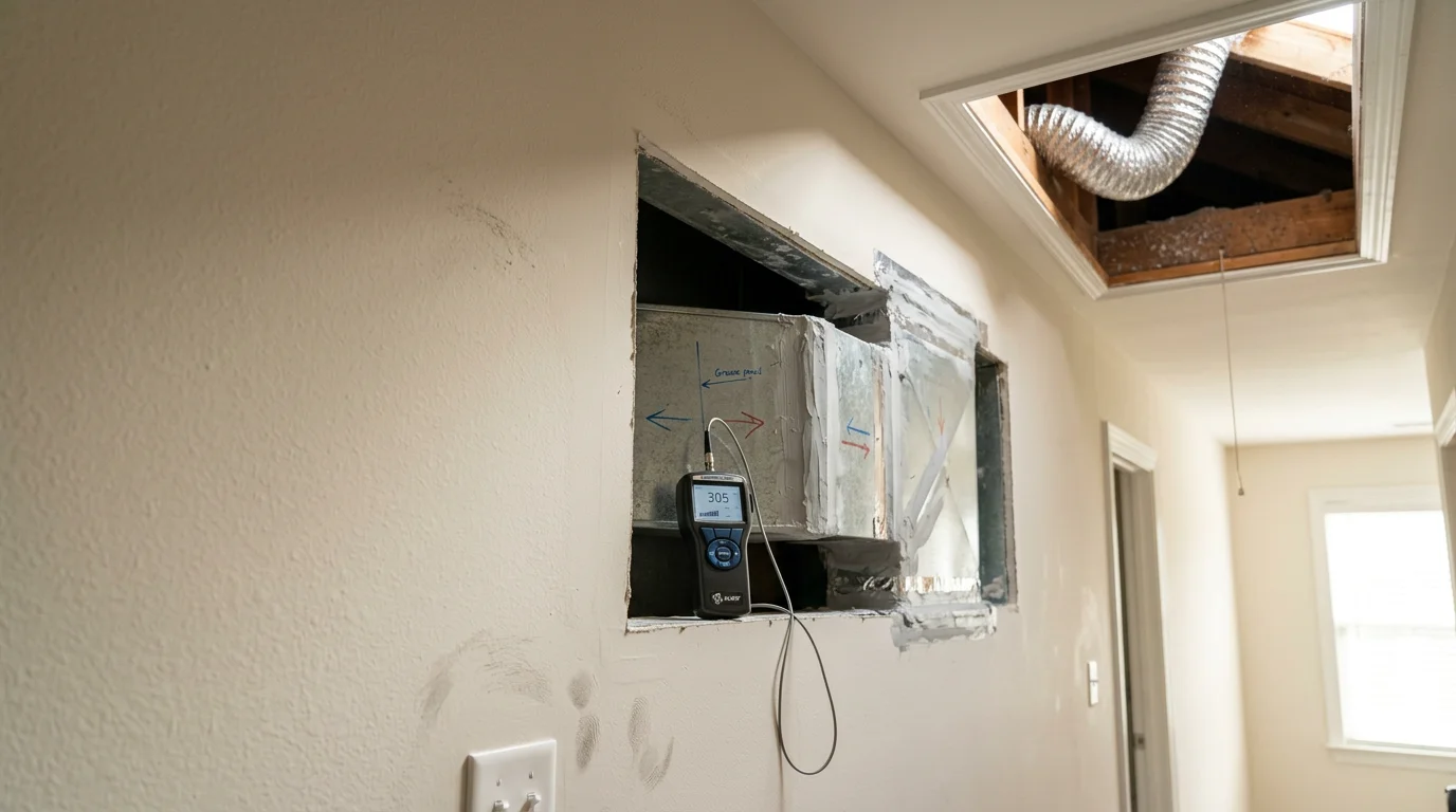 An HVAC technician from Fair Air Heating and Air Conditioning inspecting a residential ductwork vent in a Suwanee, Georgia home. The technician checks airflow and duct connections in a finished interior hallway.