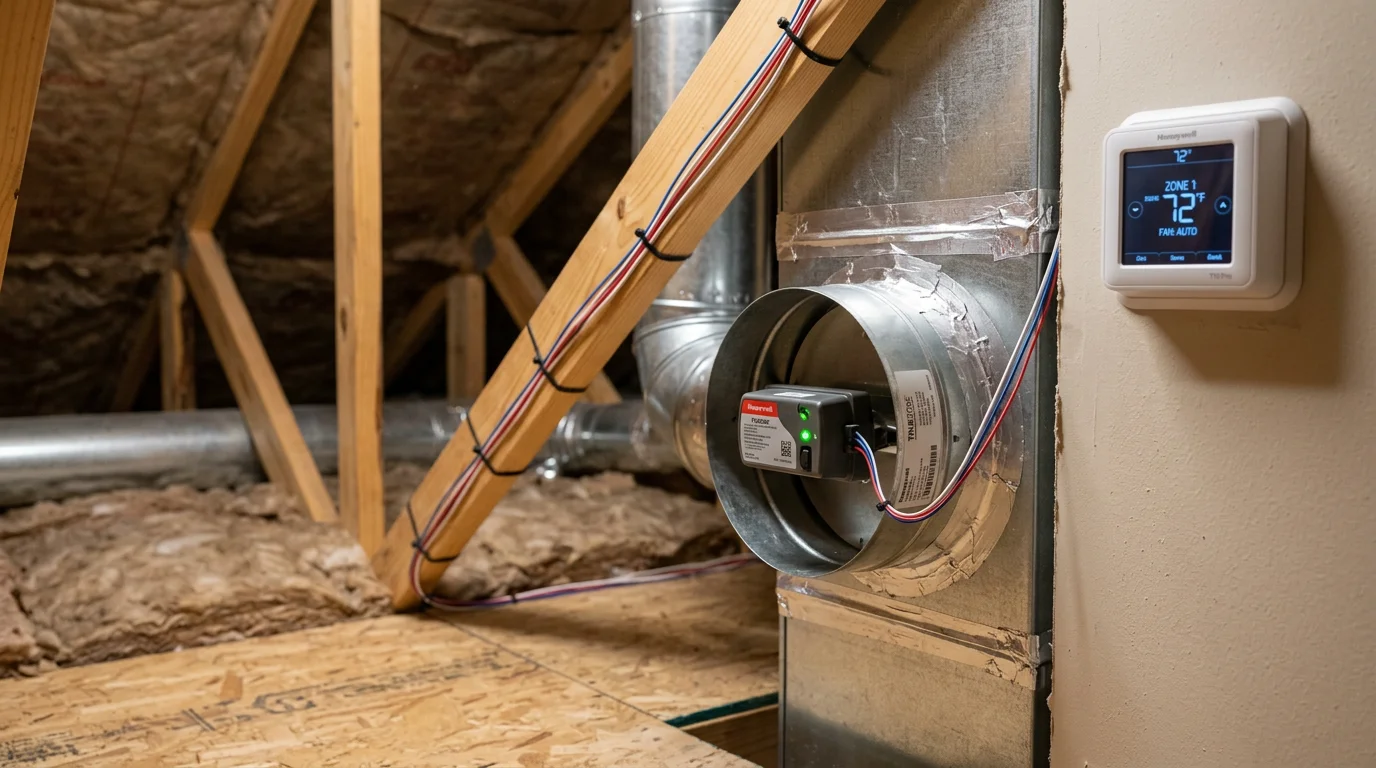 A Suwanee home's open ductwork showing motorized dampers installed as part of an HVAC zoning system. A technician from Fair Air Heating and Air Conditioning adjusts zone controls to balance airflow between the upper and lower floors.